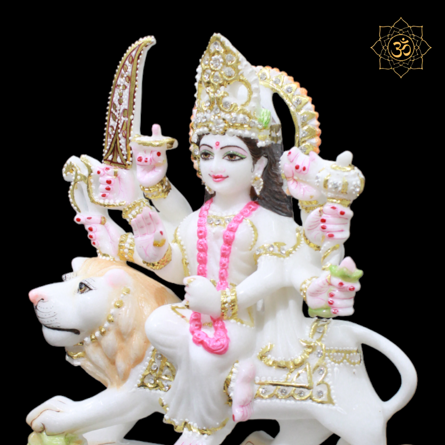 White Marble Durga Idol with Diamond work in 12inch