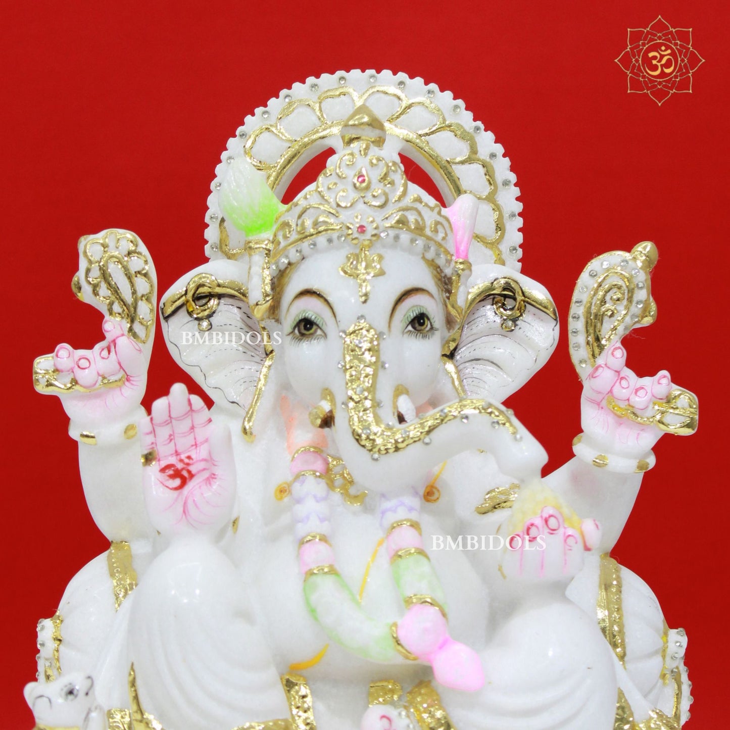 Gold Work Marble Stone Ganesh Statue made in pure white in 12inch