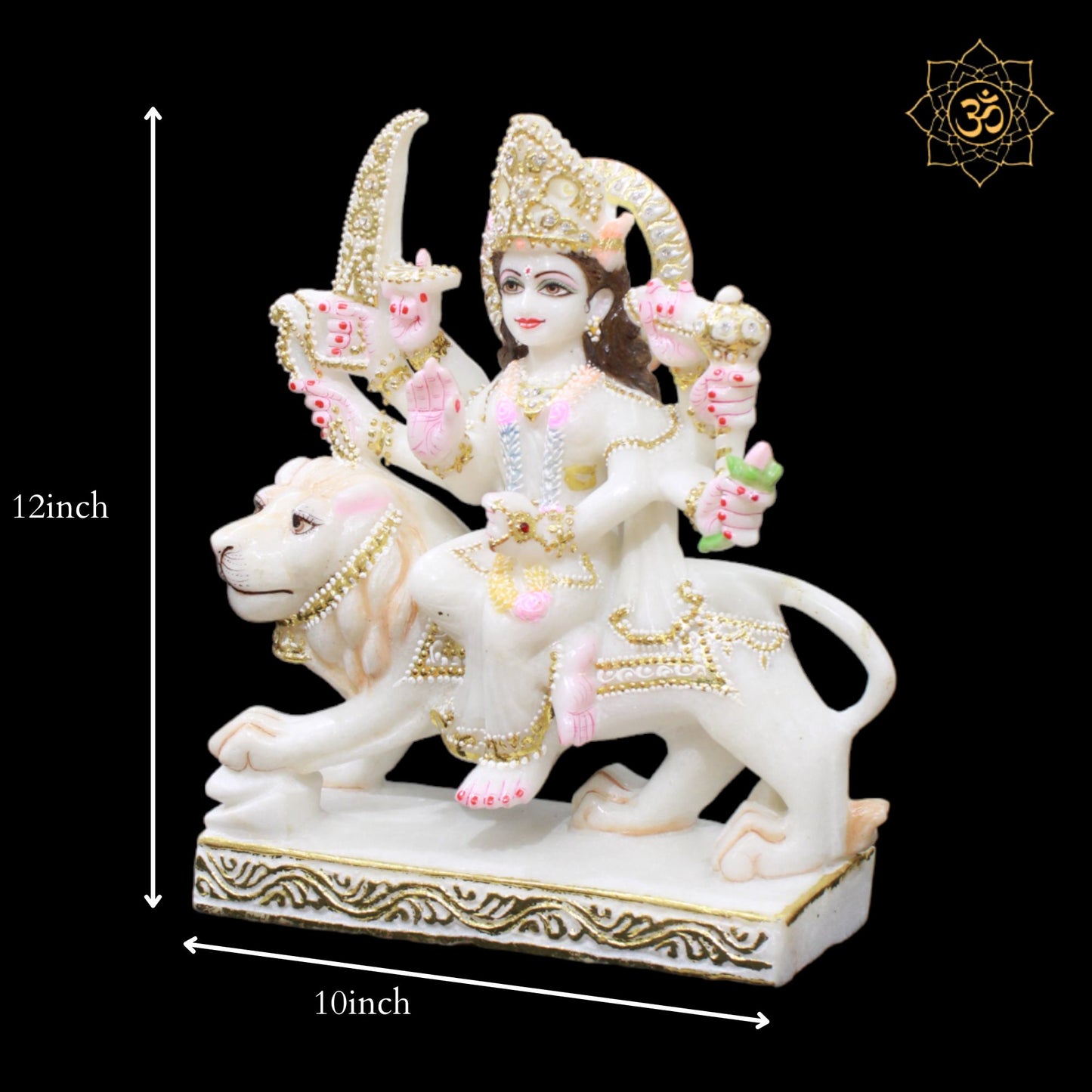 Durga Marble Murti in 12inches sitting on Lion with Diamond Work