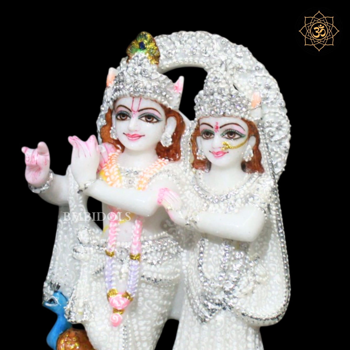 Jugal Radha Krishna Marble Murti in 9inches in Silver Diamond Work