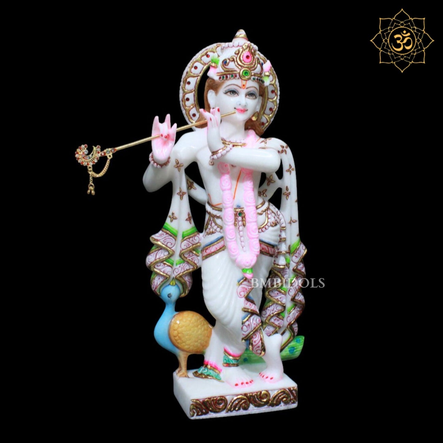 Radha Krishna Marble Murti in Diamond and Cut Gold Work with Peacock