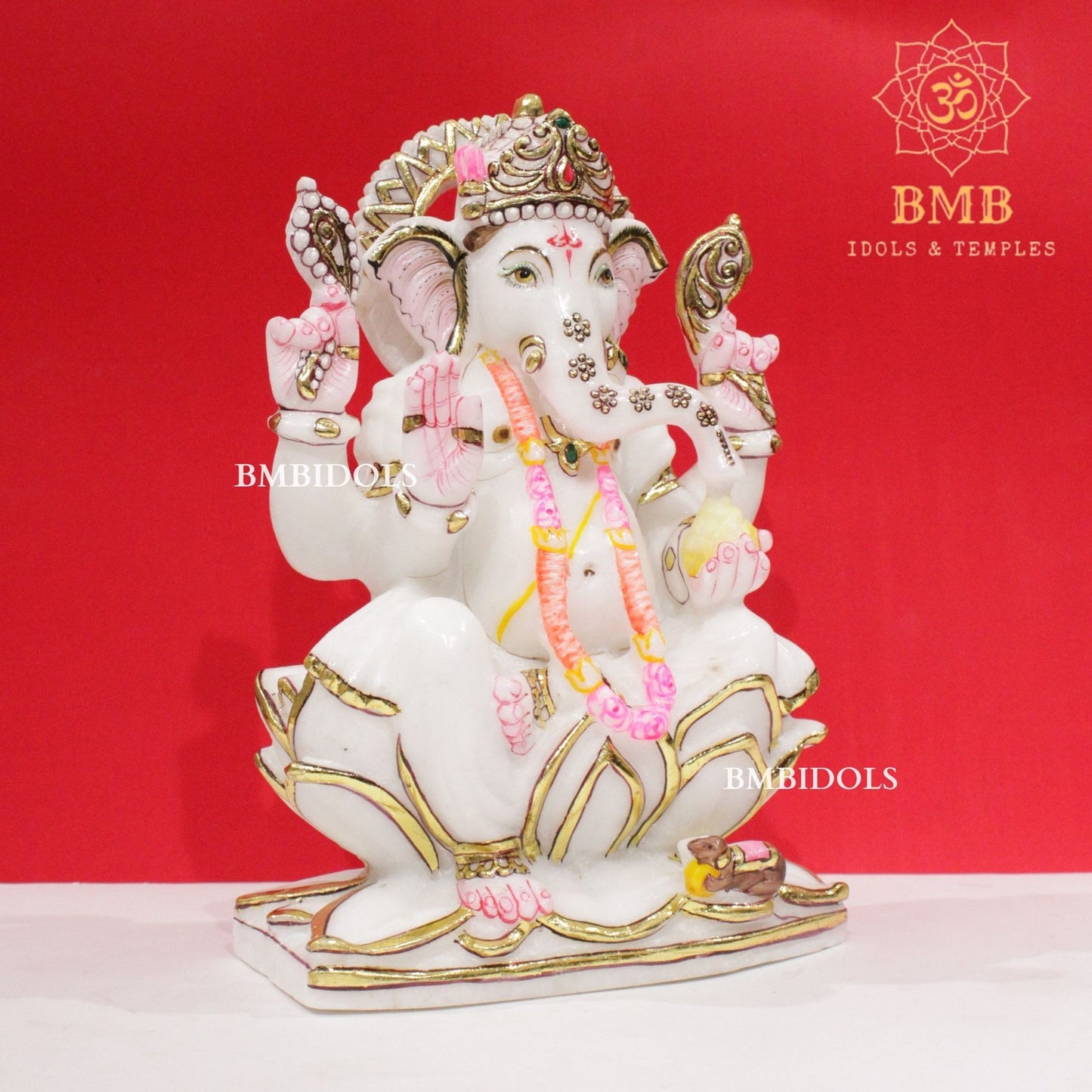 Marble Ganesh Idol in Makrana Marble in 12inches sitting on Lotus