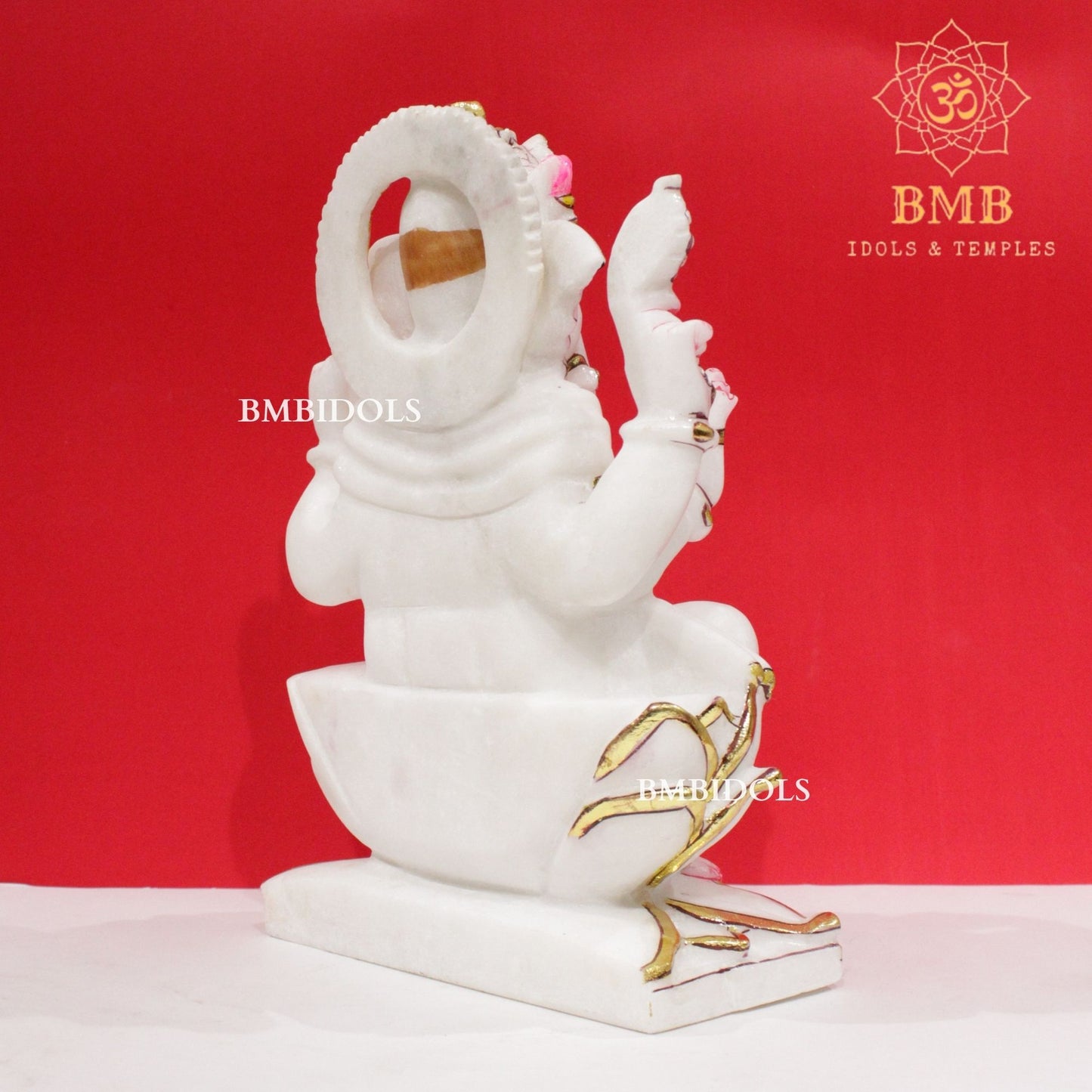 Marble Ganesh Idol in Makrana Marble in 12inches sitting on Lotus