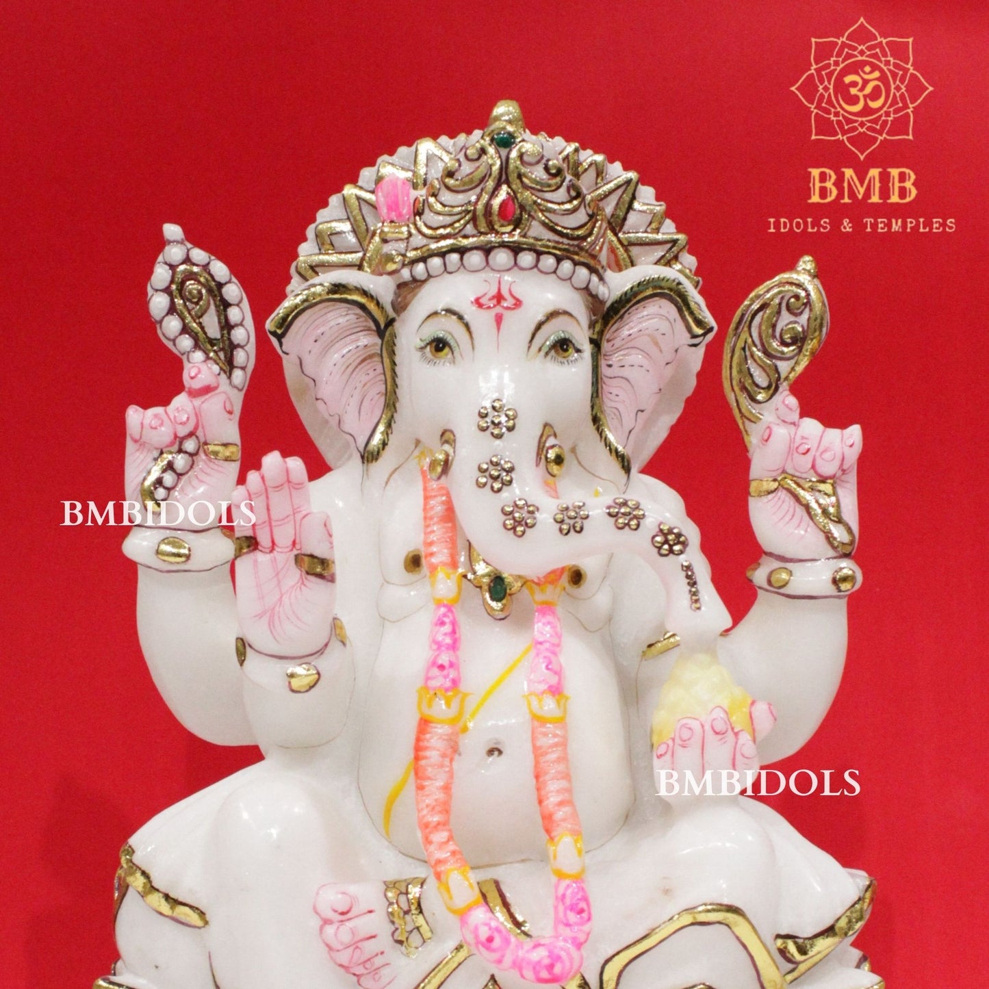 Marble Ganesh Idol in Makrana Marble in 12inches sitting on Lotus