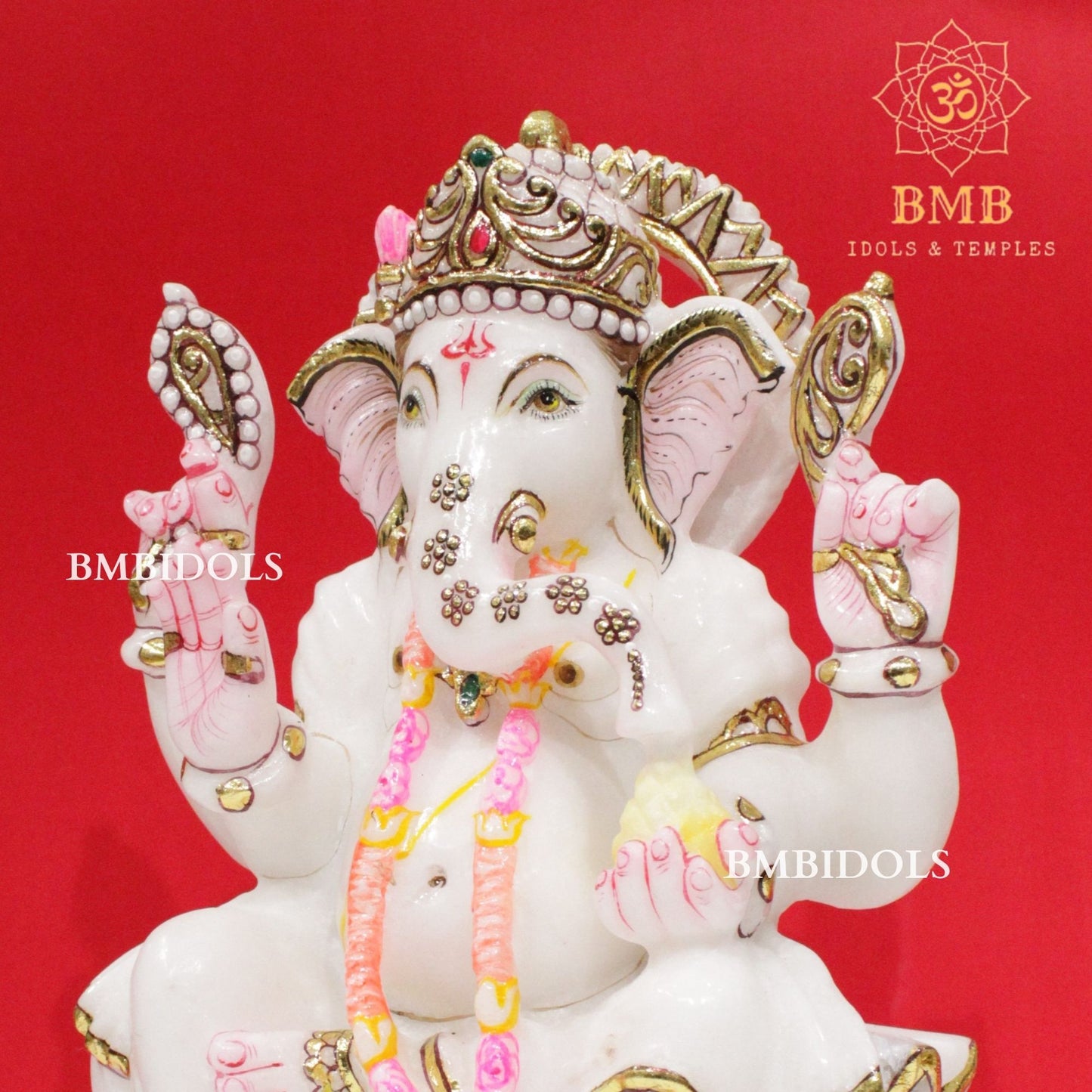 Marble Ganesh Idol in Makrana Marble in 12inches sitting on Lotus