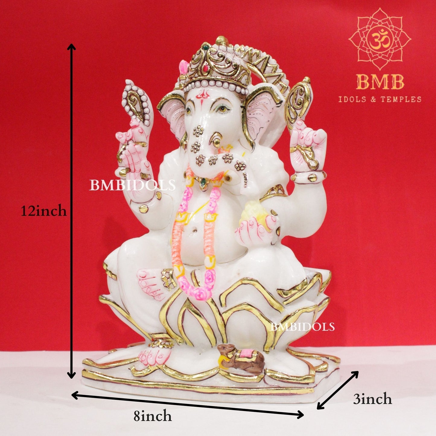 Marble Ganesh Idol in Makrana Marble in 12inches sitting on Lotus