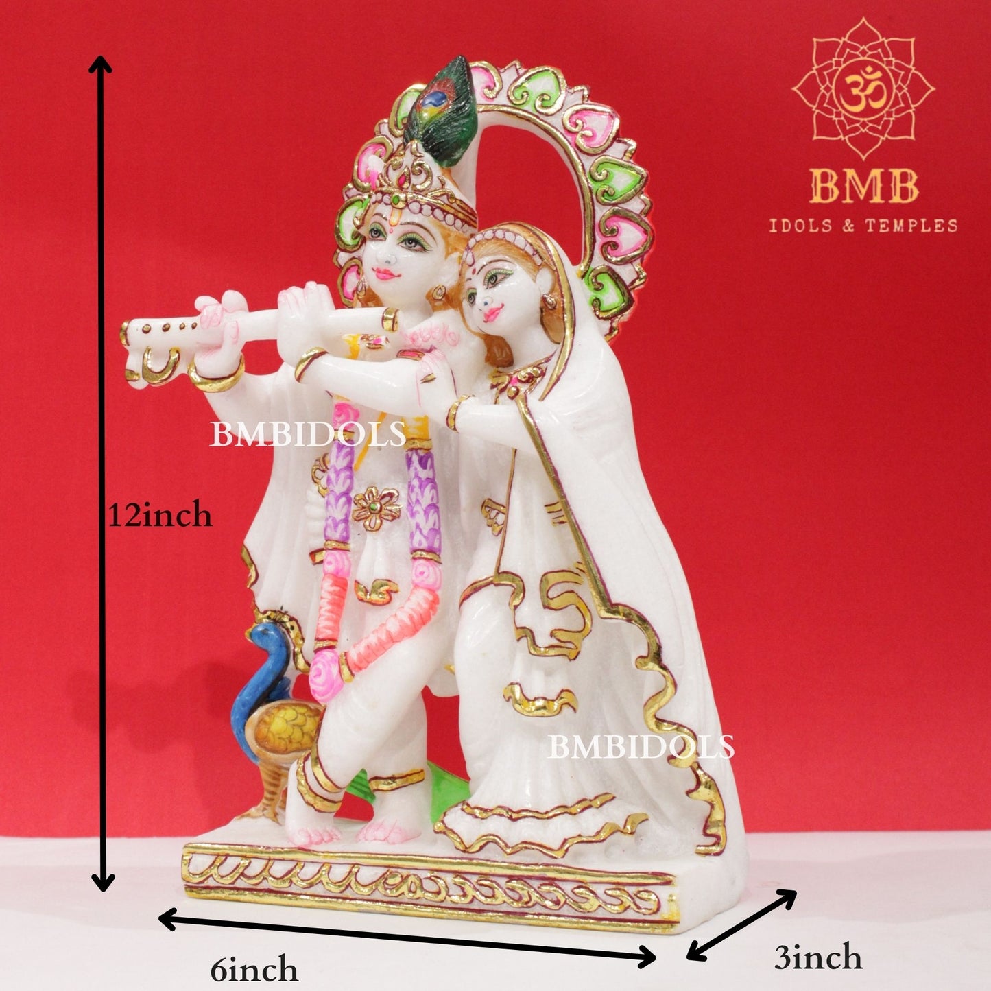 Marble Jugal Radha Krishna Statue in 12inches with flute