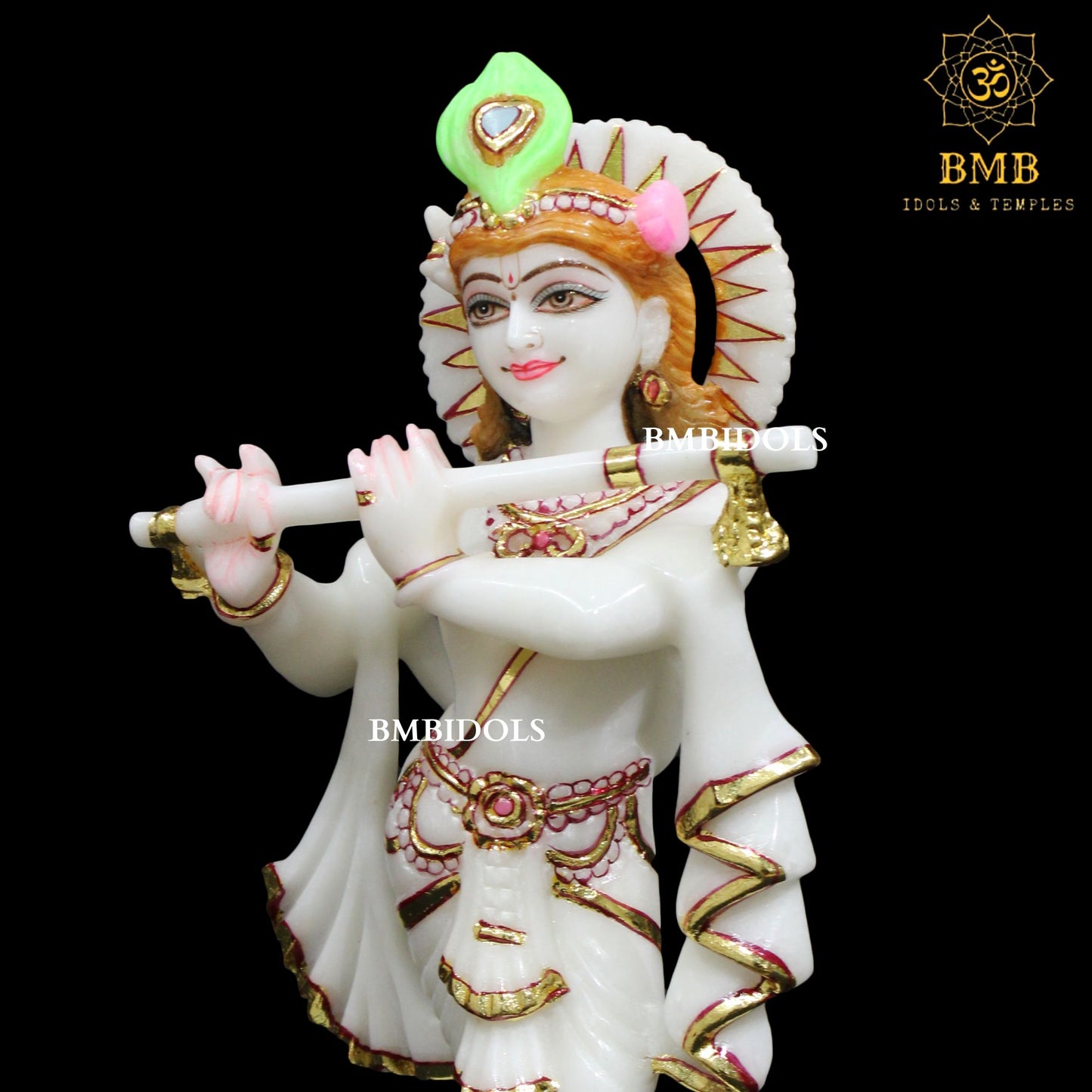 White Marble Krishna Statue in 12inches with Flute in Hands