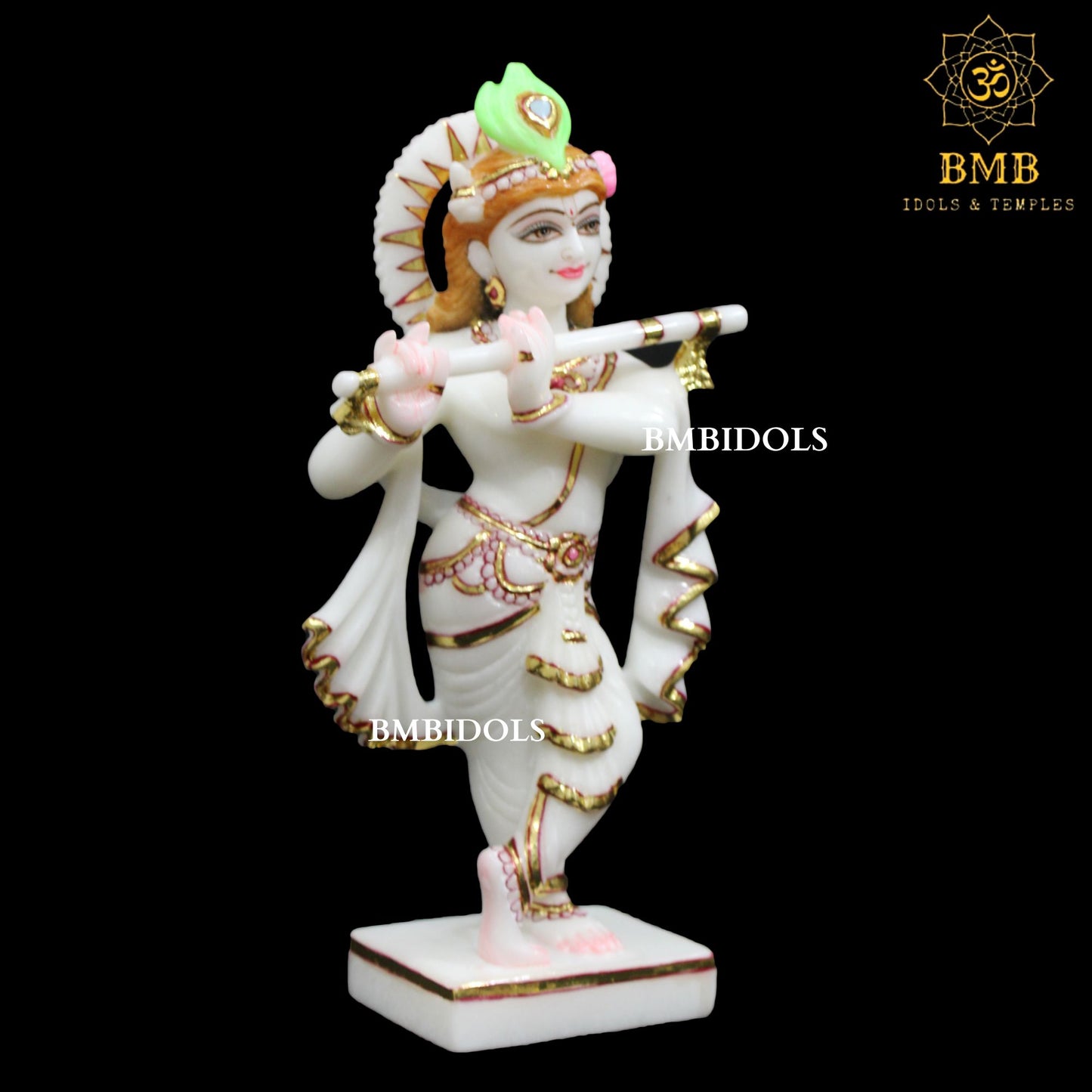 White Marble Krishna Statue in 12inches with Flute in Hands