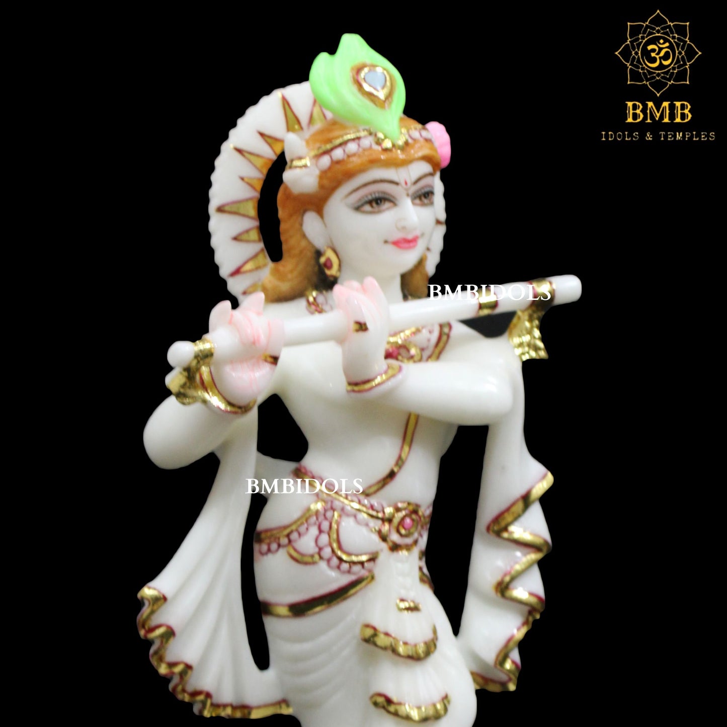 White Marble Krishna Statue in 12inches with Flute in Hands