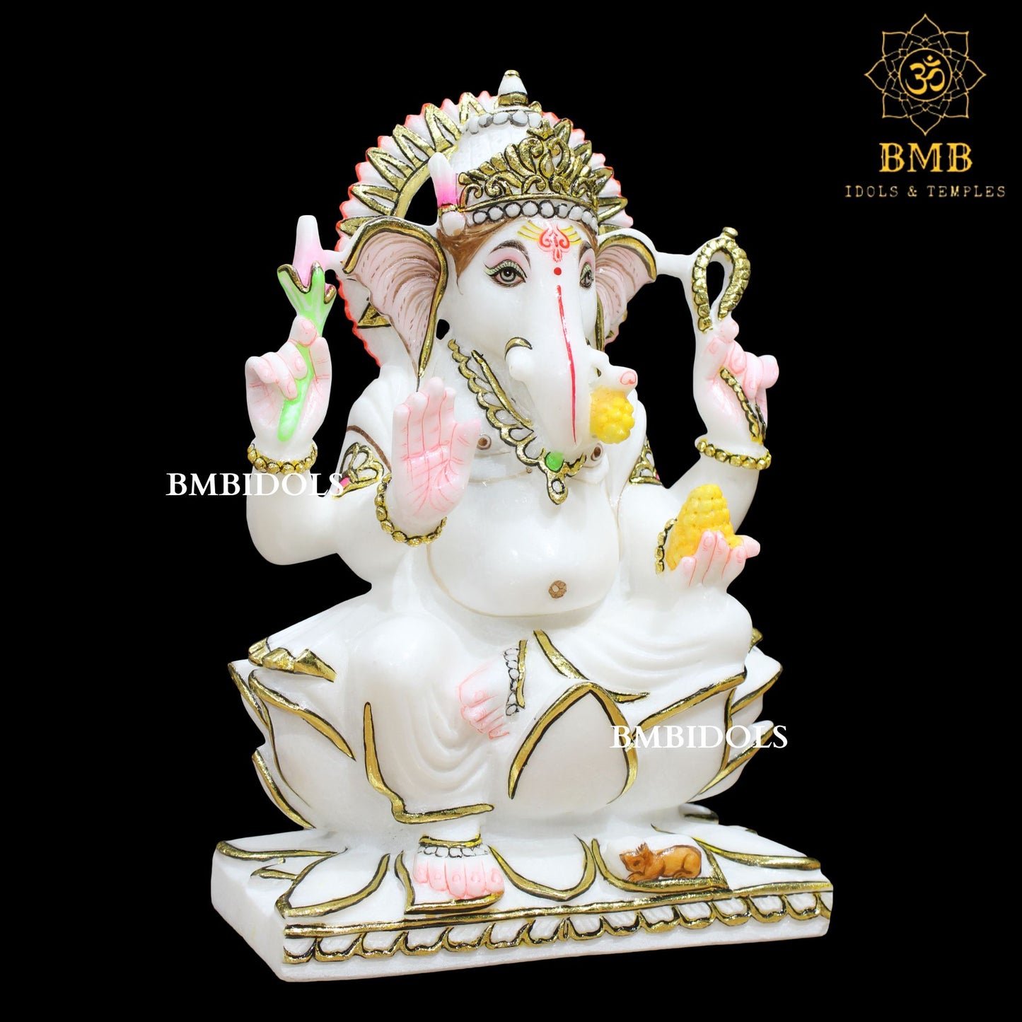 Lotus Marble Ganesh Statue Left Trunk with Four Hands in 12inch