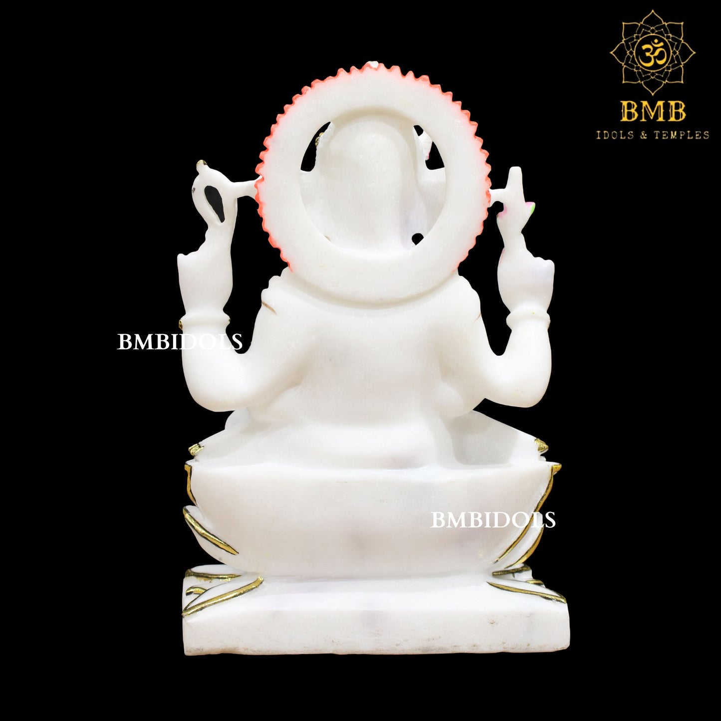 Lotus Marble Ganesh Statue Left Trunk with Four Hands in 12inch