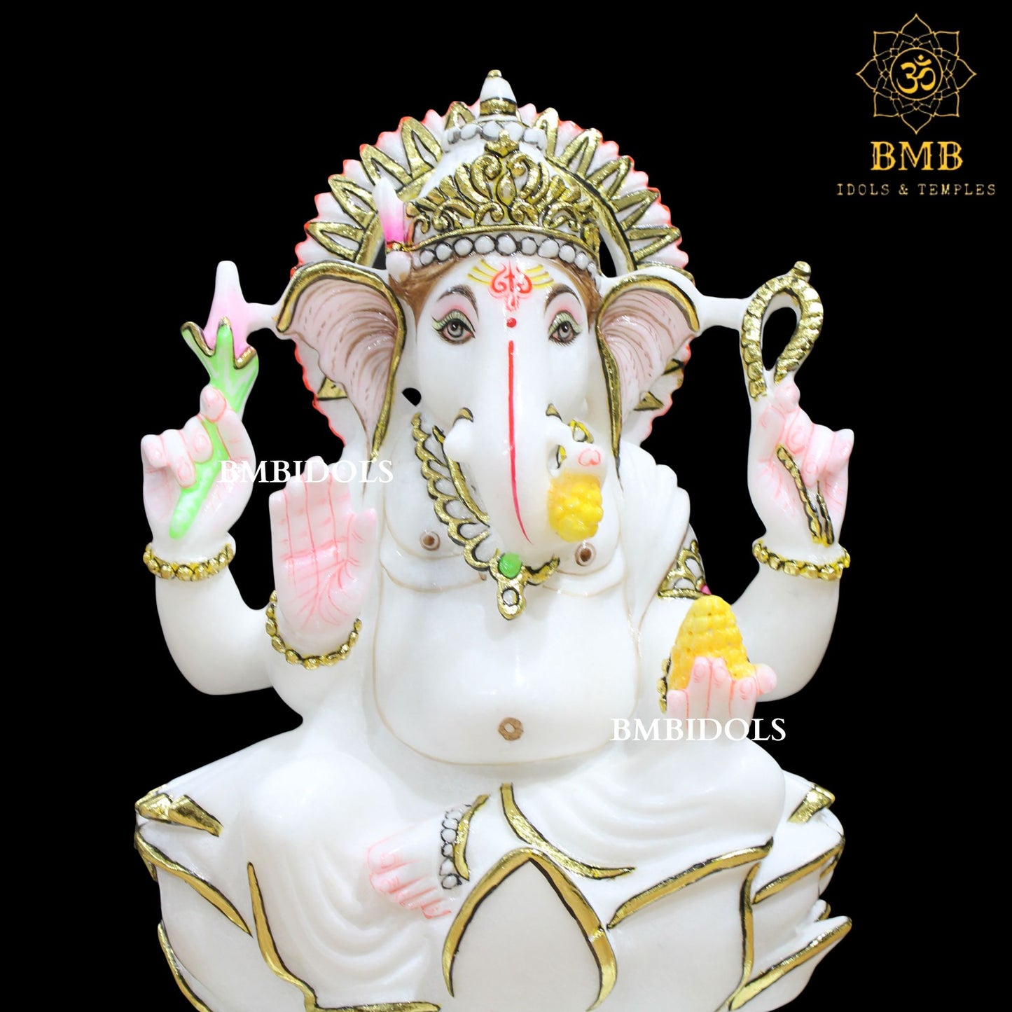 Lotus Marble Ganesh Statue Left Trunk with Four Hands in 12inch