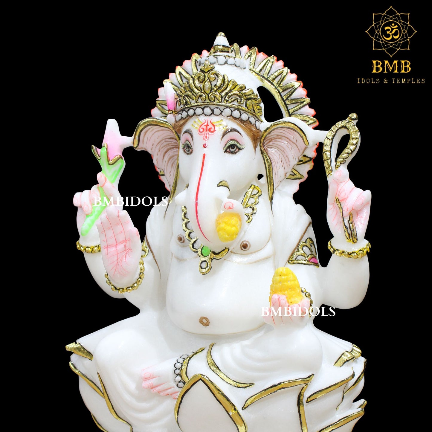 Lotus Marble Ganesh Statue Left Trunk with Four Hands in 12inch