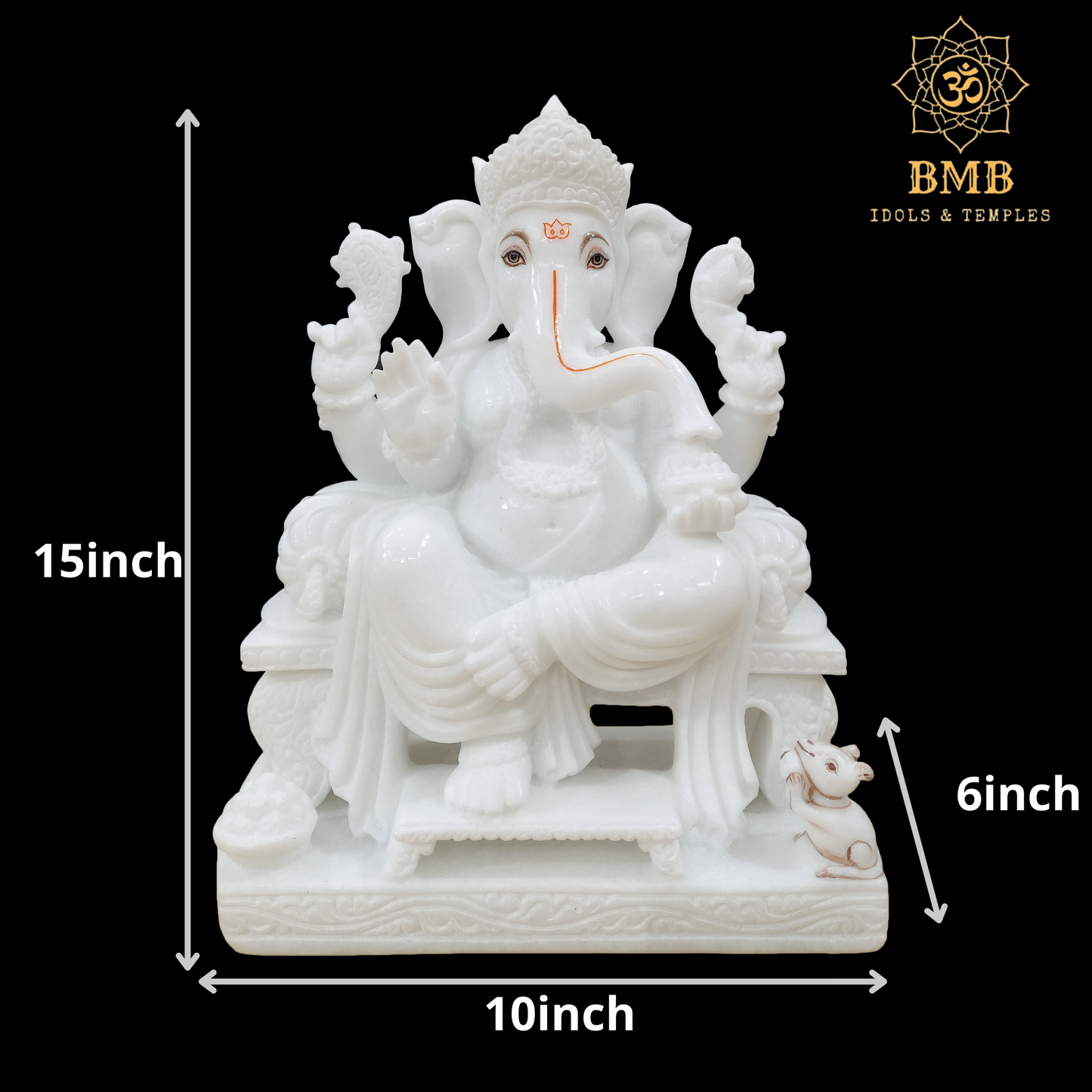 Preorder Makrana Marble Ganesha Statue sitting on the Chowki with four Hands