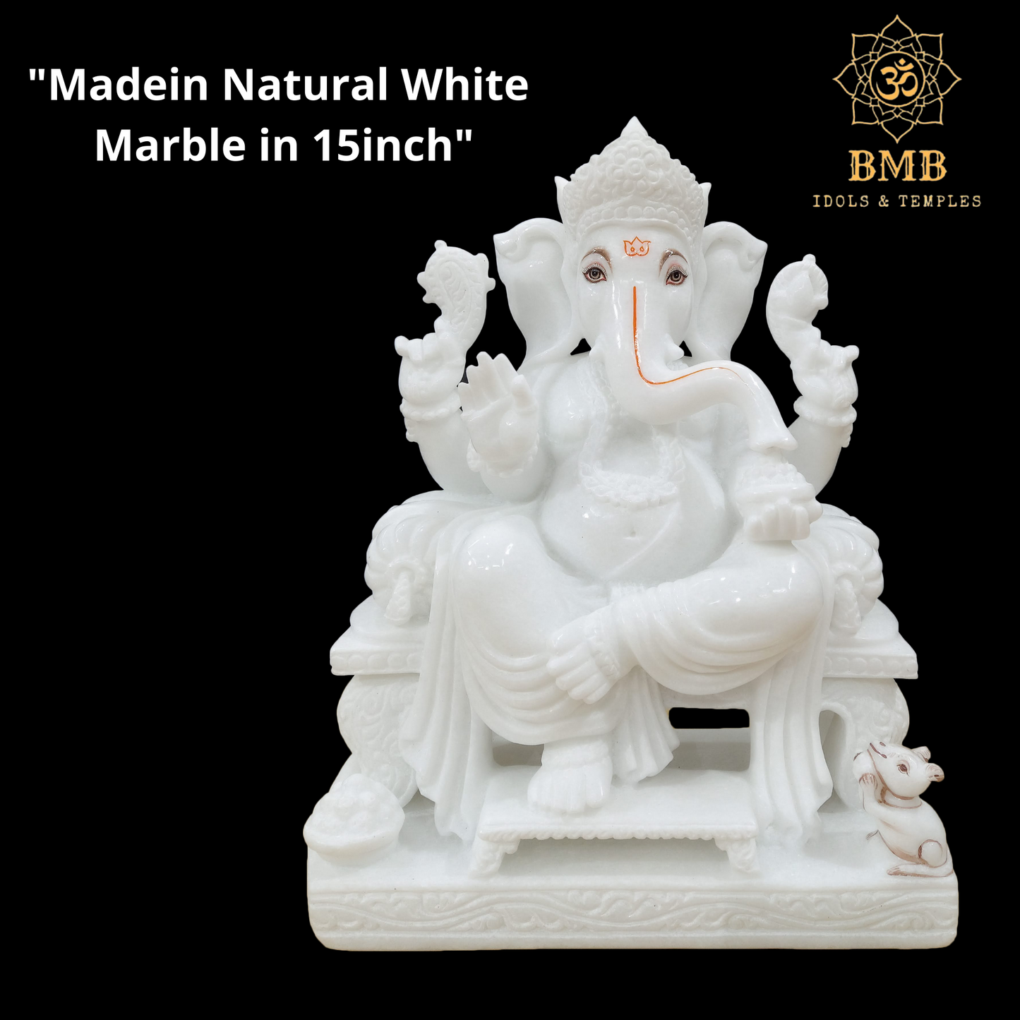 Preorder Makrana Marble Ganesha Statue sitting on the Chowki with four Hands