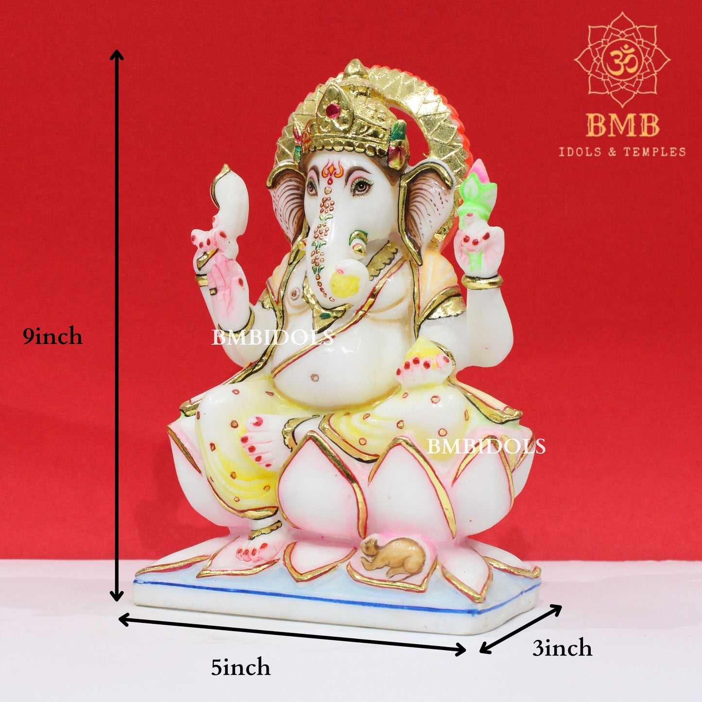 Marble Ganesha Murti sitting on the Lotus with Four Hands