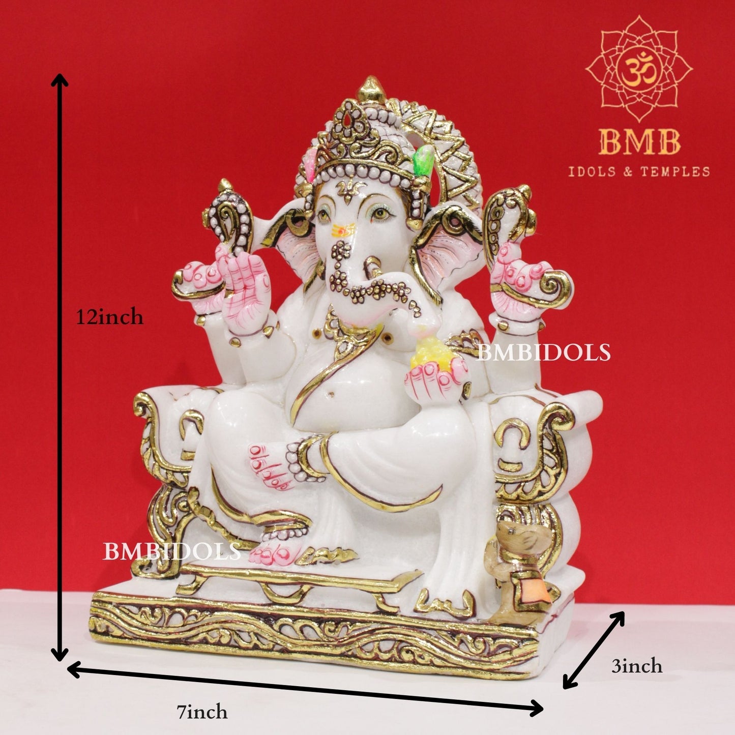 Marble Ganesh Murti in Makrana Marble in 12inches for Homes