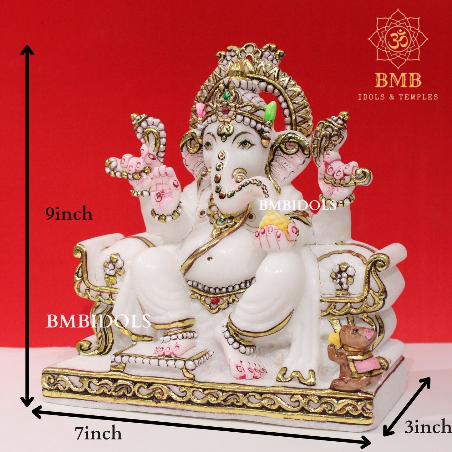 Marble Ganesh Murti sitting on Chowki made in Makrana Marble