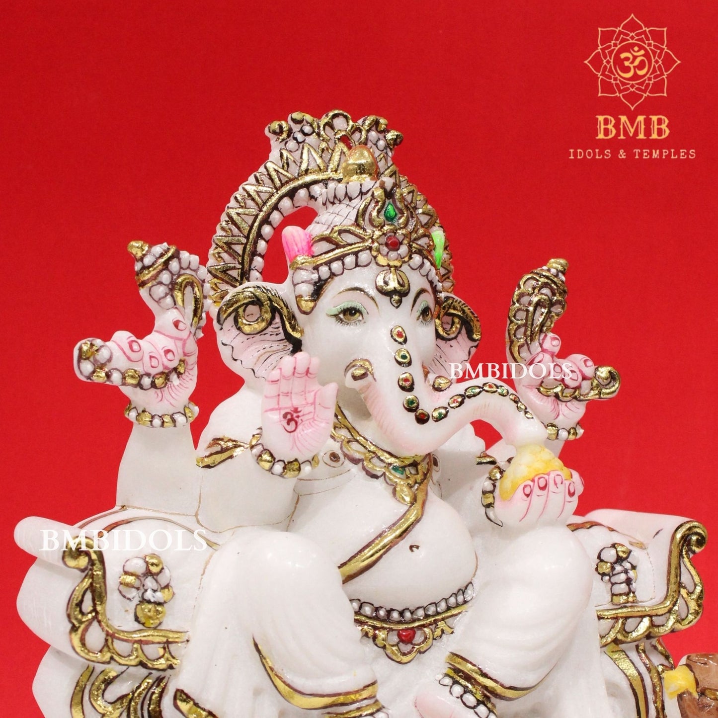 Marble Ganesh Murti sitting on Chowki made in Makrana Marble