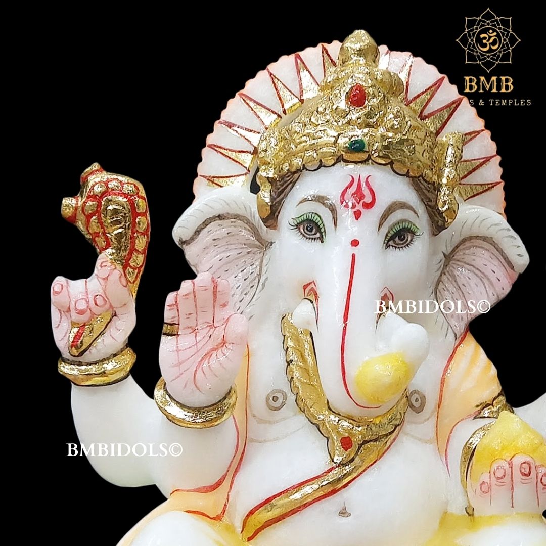 Marble Ganesh Statue for Home Temples in 9inches sitting on Lotus