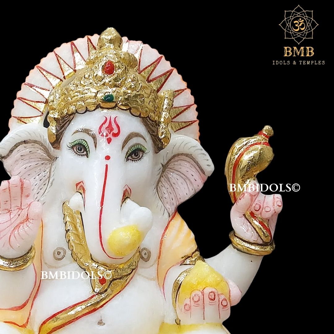 Marble Ganesh Statue for Home Temples in 9inches sitting on Lotus