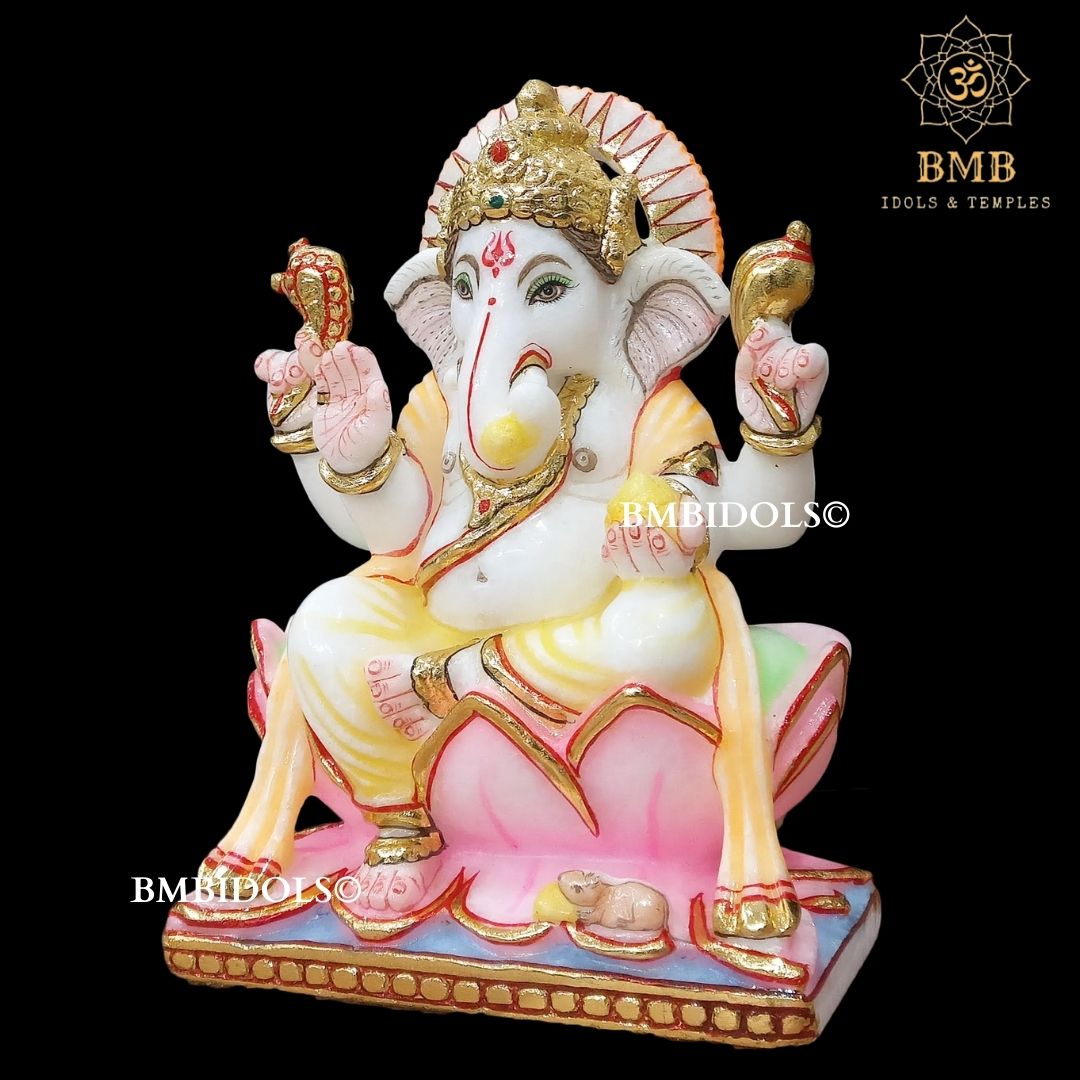 Marble Ganesh Statue for Home Temples in 9inches sitting on Lotus