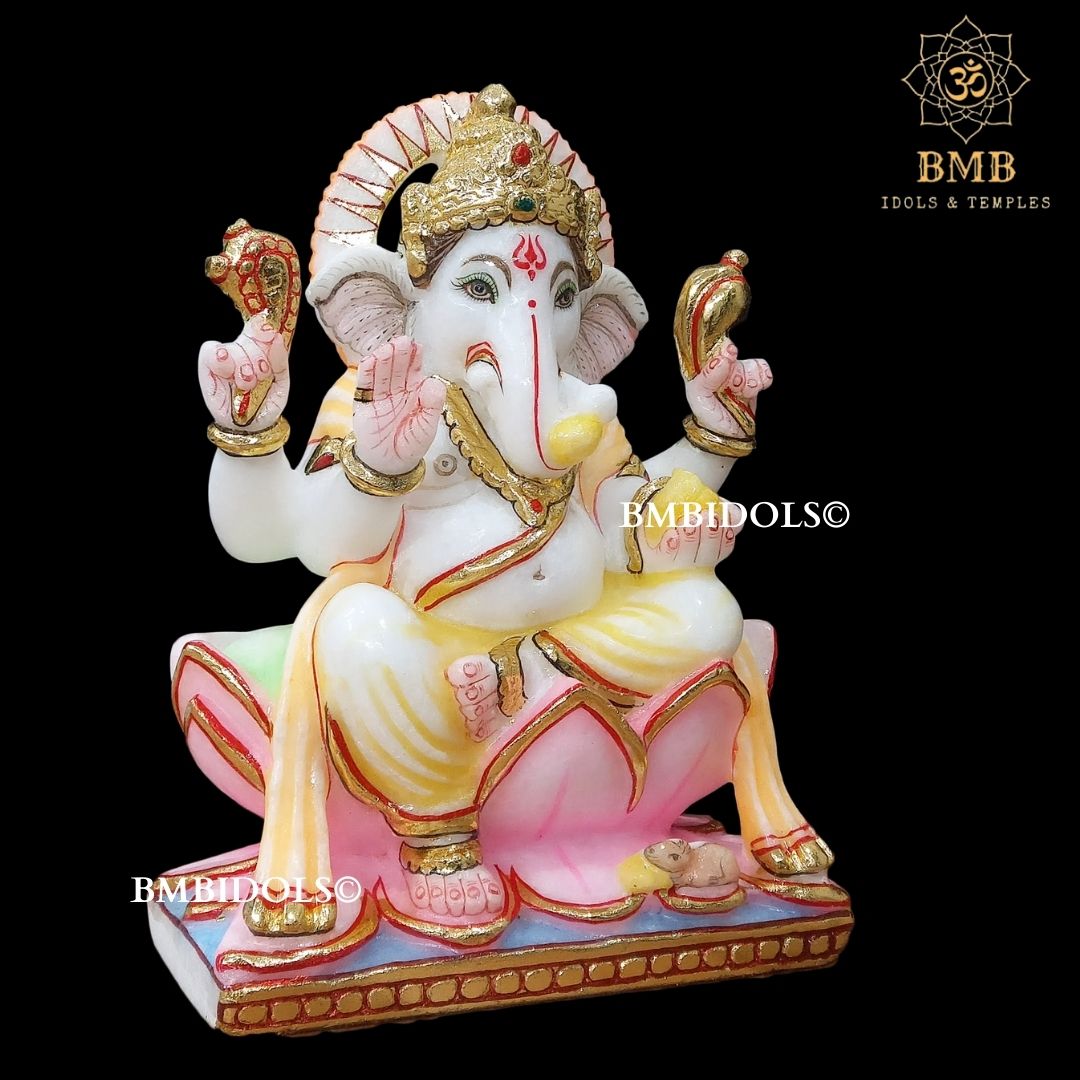 Marble Ganesh Statue for Home Temples in 9inches sitting on Lotus