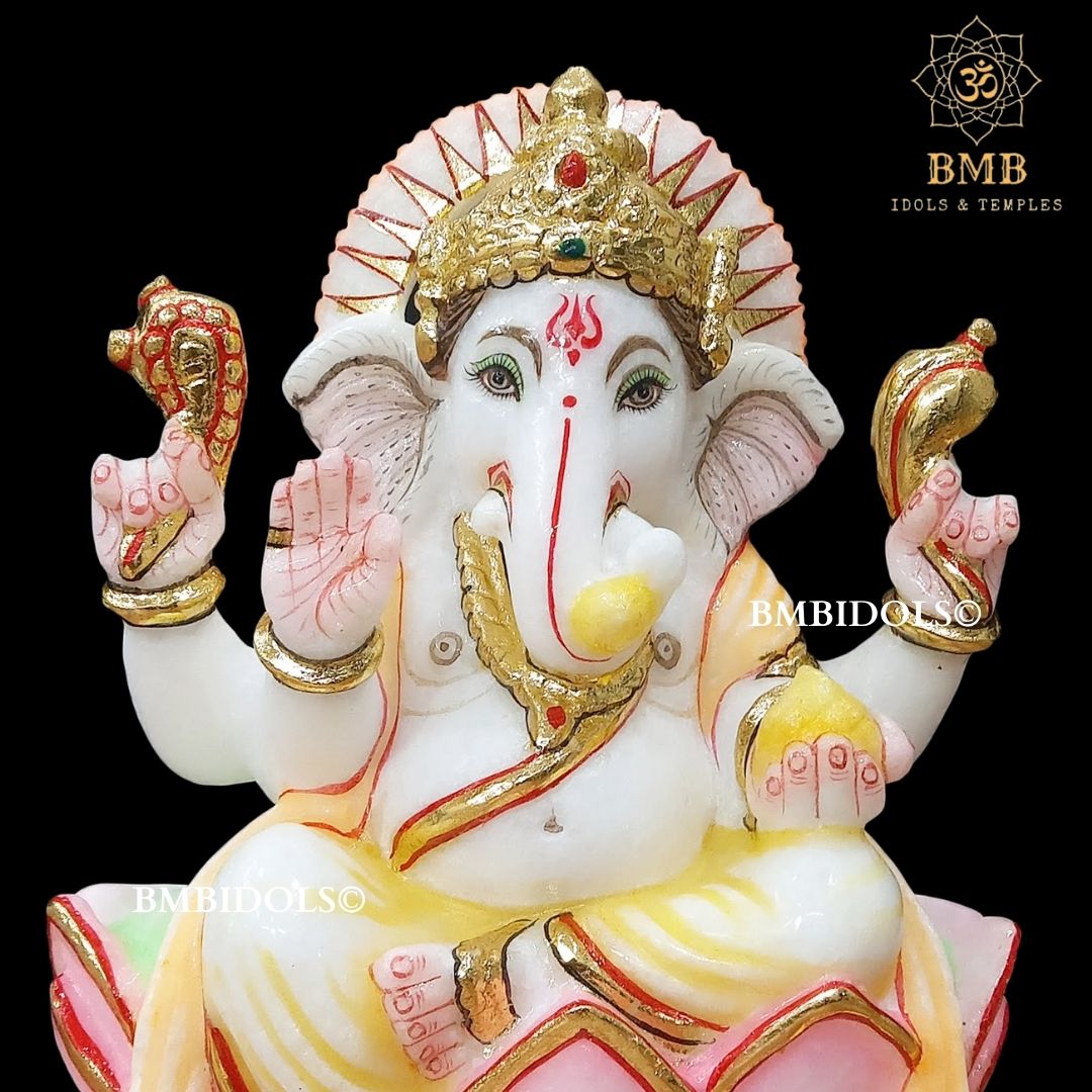 Marble Ganesh Statue for Home Temples in 9inches sitting on Lotus