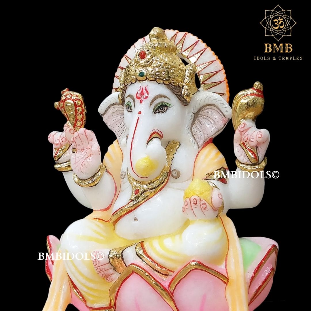 Marble Ganesh Statue for Home Temples in 9inches sitting on Lotus