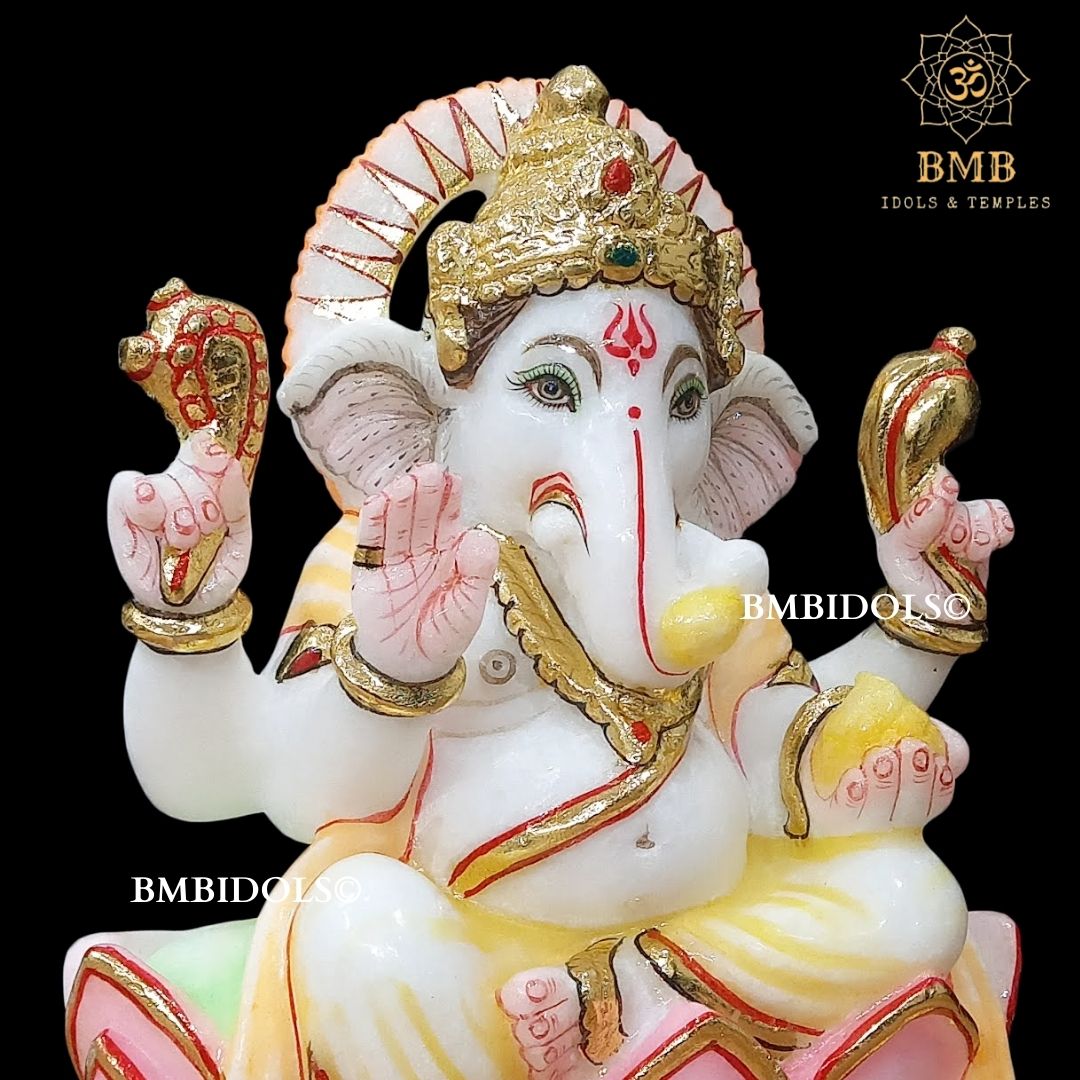 Marble Ganesh Statue for Home Temples in 9inches sitting on Lotus