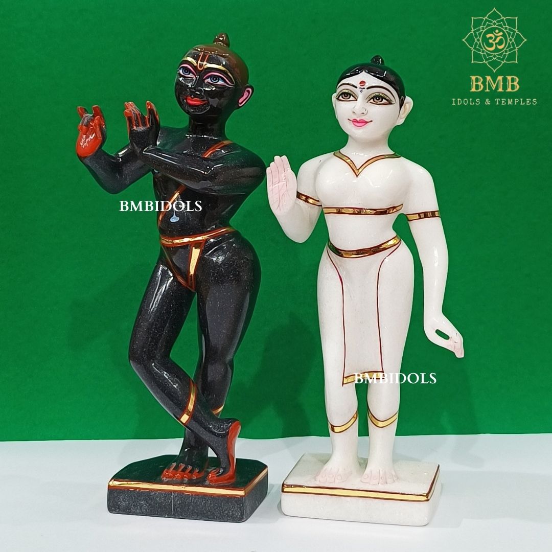 Marble Iskcon Radha Krishna Statue in Black & White Marble in 12inches