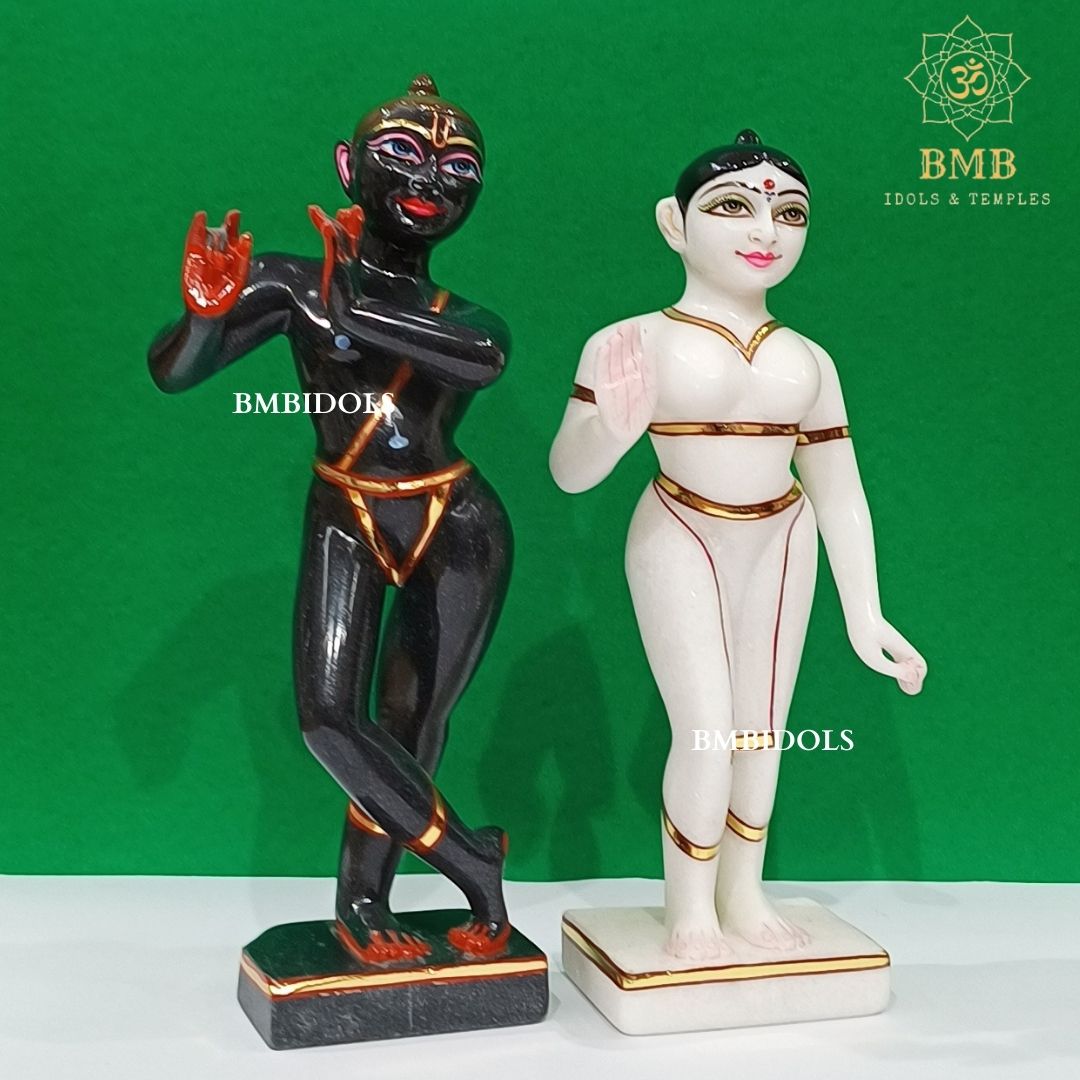 Marble Iskcon Radha Krishna Statue in Black & White Marble in 12inches