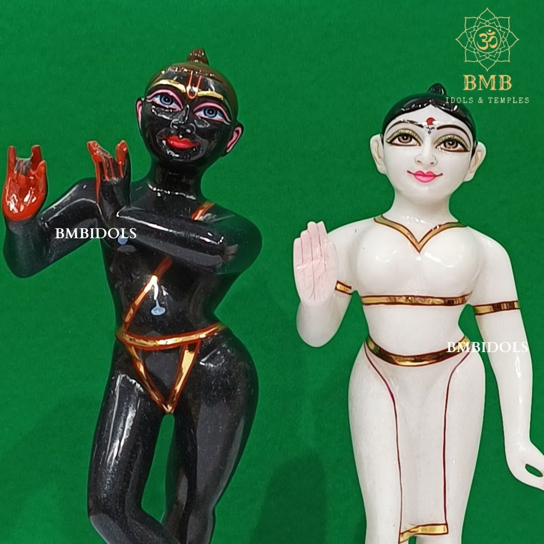 Marble Iskcon Radha Krishna Statue in Black & White Marble in 12inches