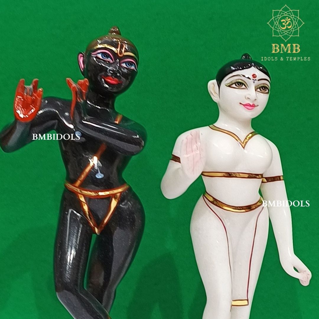 Marble Iskcon Radha Krishna Statue in Black & White Marble in 12inches