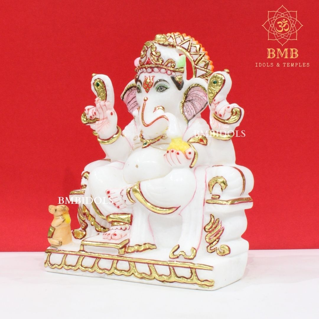 Marble Ganesh Murti made in Pure White Makrana Marble in 9inches
