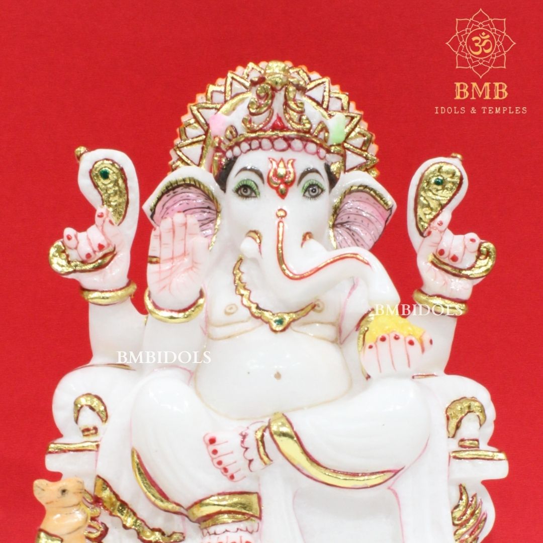 Marble Ganesh Murti made in Pure White Makrana Marble in 9inches