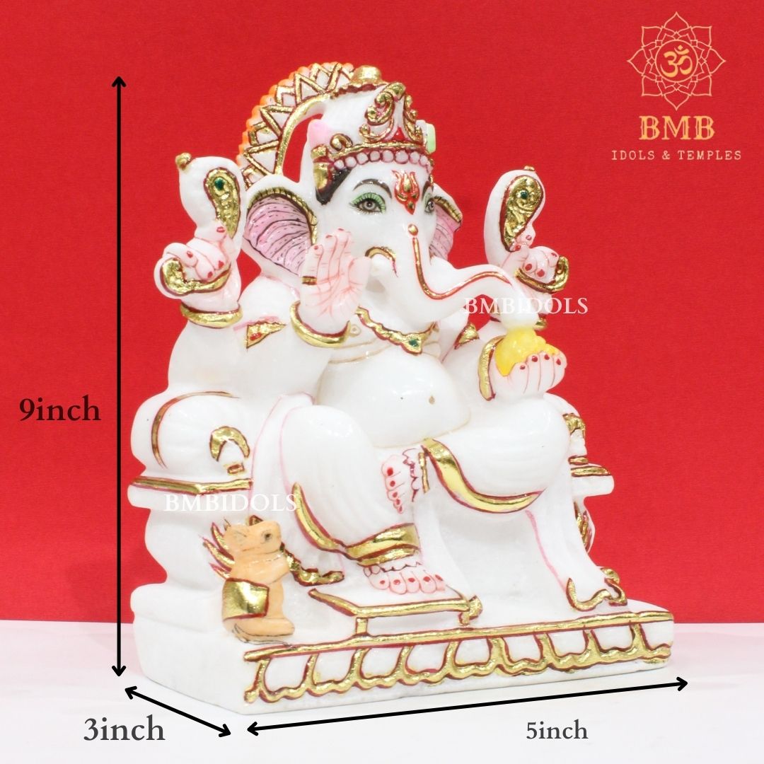 Marble Ganesh Murti made in Pure White Makrana Marble in 9inches
