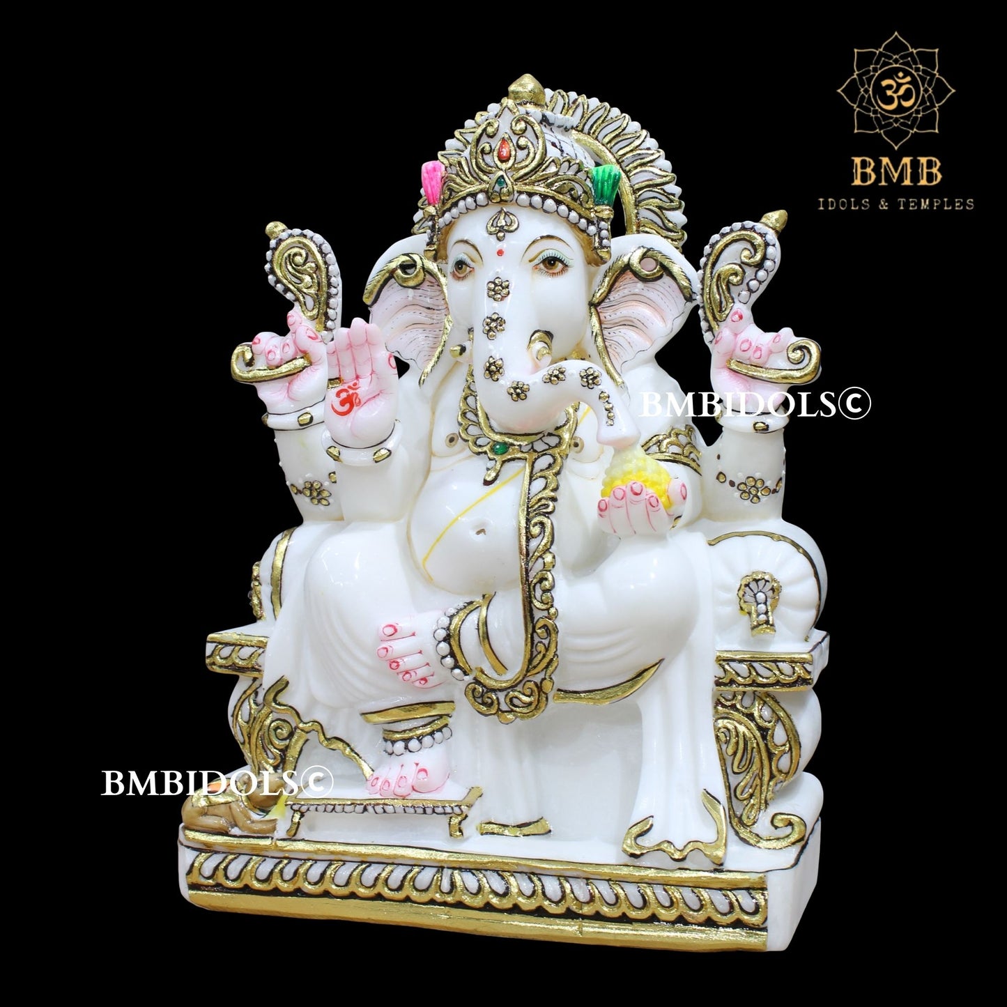 White Makrana Marble Ganesha Statue in 15inches with golwork