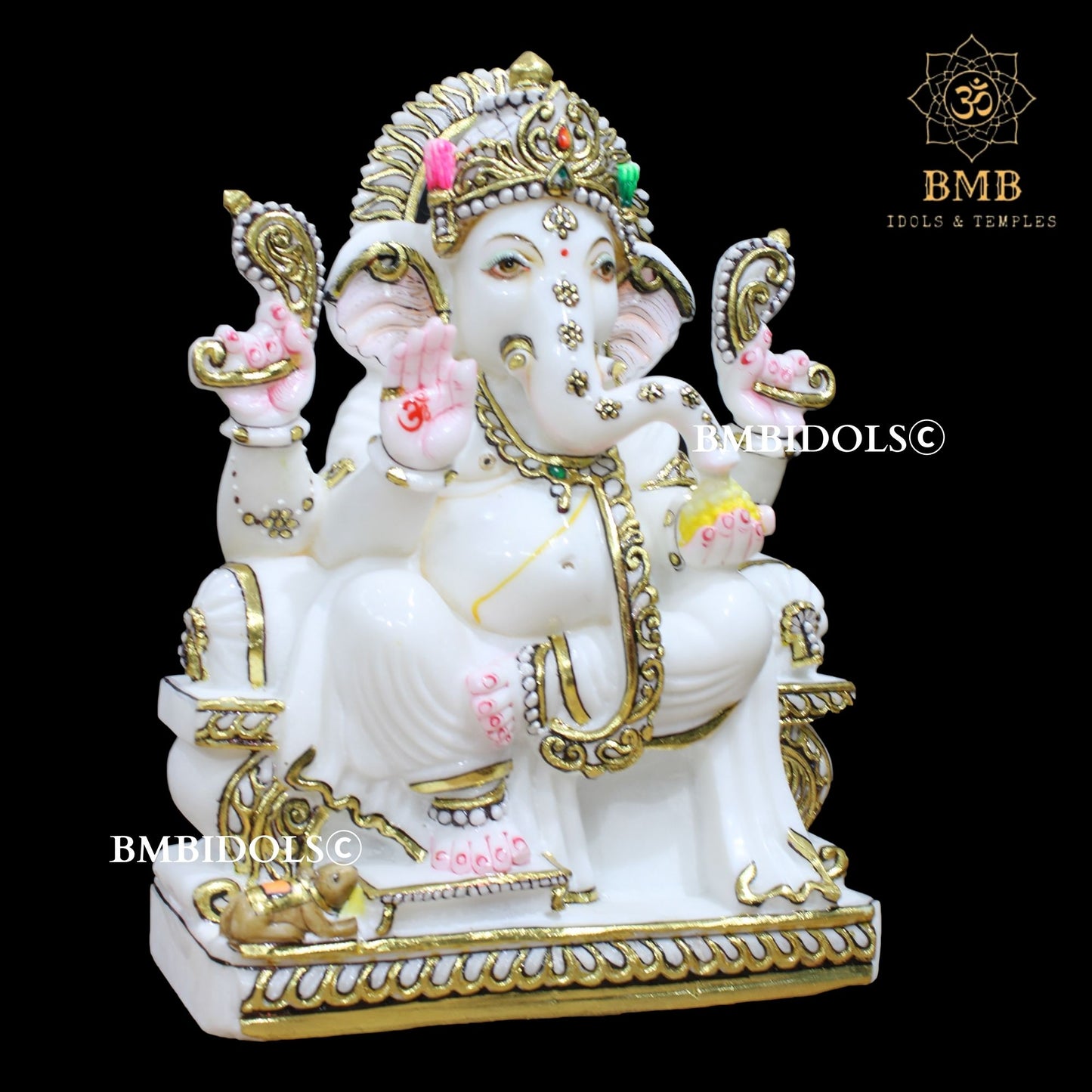 White Makrana Marble Ganesha Statue in 15inches with golwork