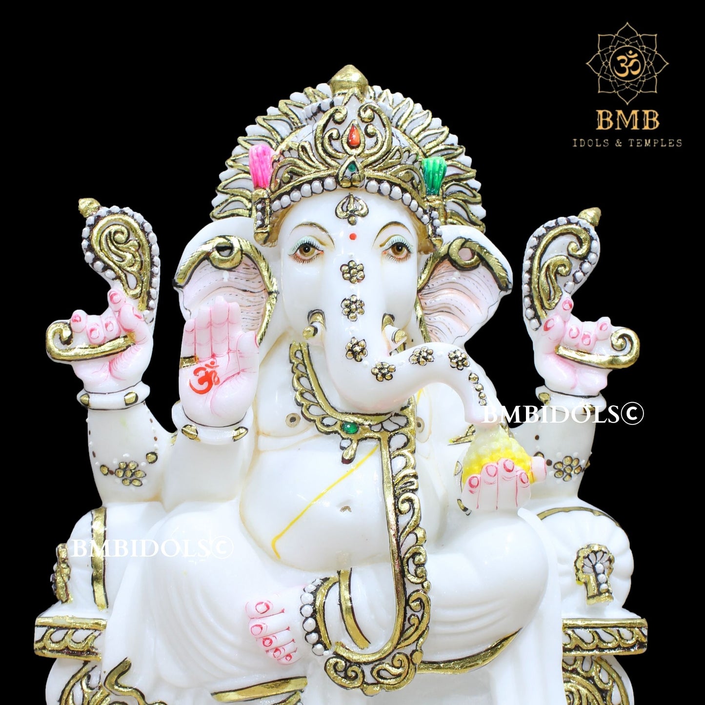 White Makrana Marble Ganesha Statue in 15inches with golwork