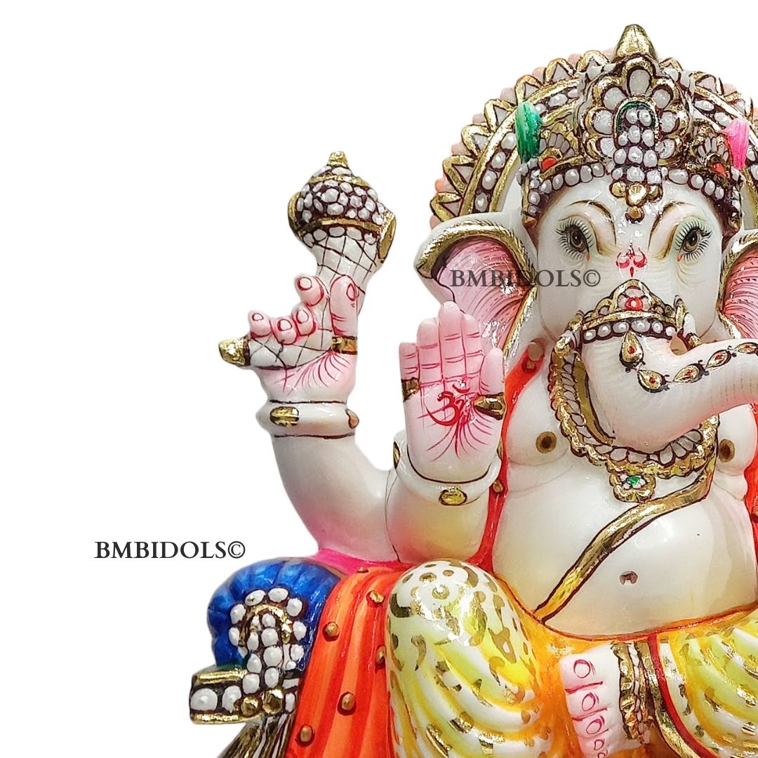 Ganesh Marble Murti with Painting done sitting on the Chowki