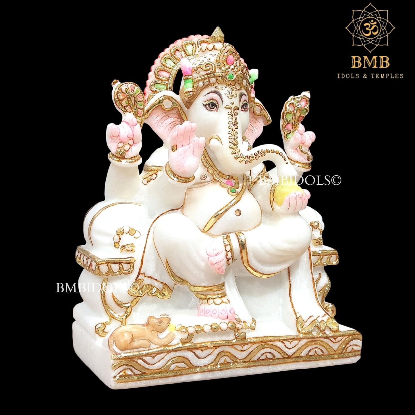 Marble Ganesh Statue Sitting on the Chowki made in White Marble in 9inch