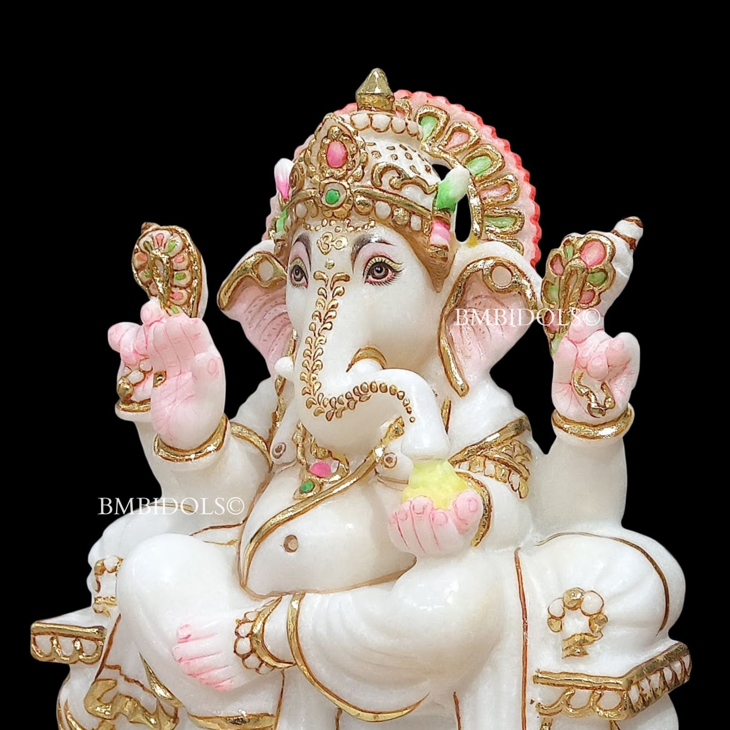 Marble Ganesh Statue Sitting on the Chowki made in White Marble in 9inch