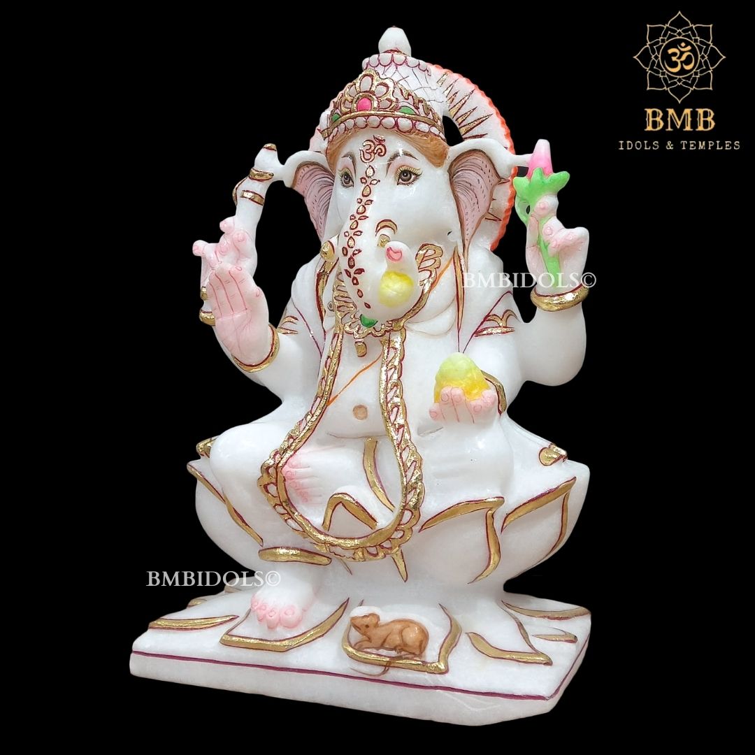 Marble Ganesh Statue sitting on Lotus Flower made in Vietnam Marble in 12inch