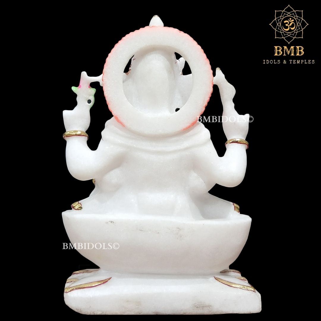 Marble Ganesh Statue sitting on Lotus Flower made in Vietnam Marble in 12inch