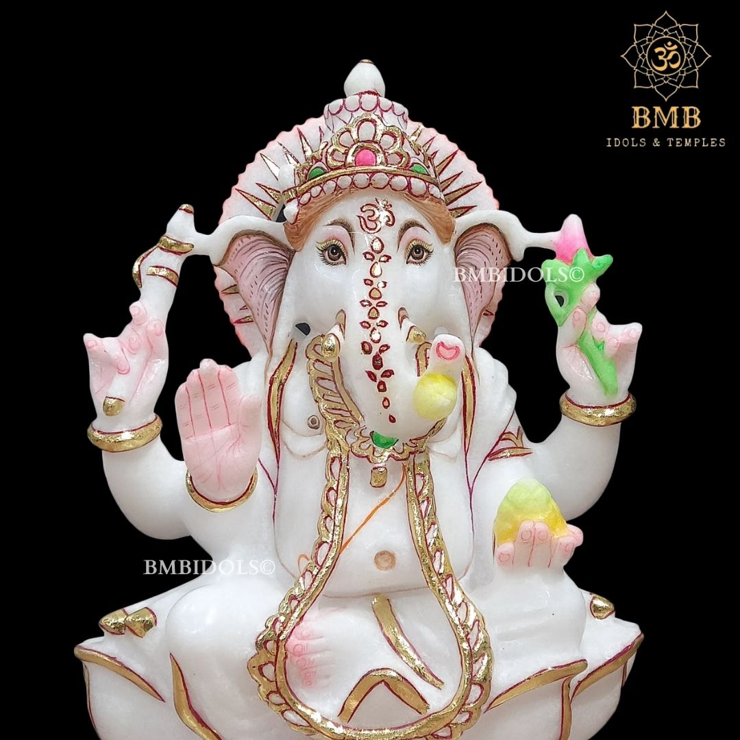 Marble Ganesh Statue sitting on Lotus Flower made in Vietnam Marble in 12inch