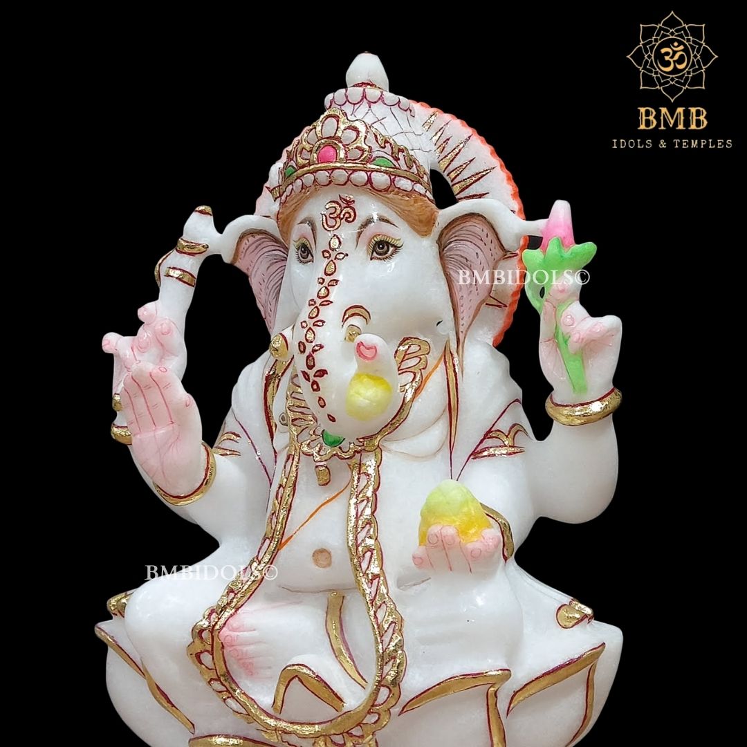 Marble Ganesh Statue sitting on Lotus Flower made in Vietnam Marble in 12inch