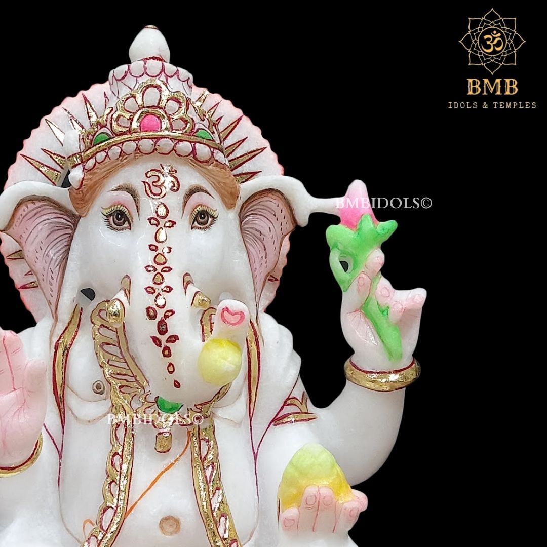 Marble Ganesh Statue sitting on Lotus Flower made in Vietnam Marble in 12inch