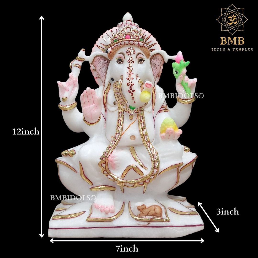 Marble Ganesh Statue sitting on Lotus Flower made in Vietnam Marble in 12inch